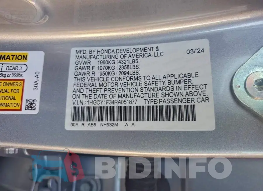 1HGCY1F34RA051877 Photo# 12