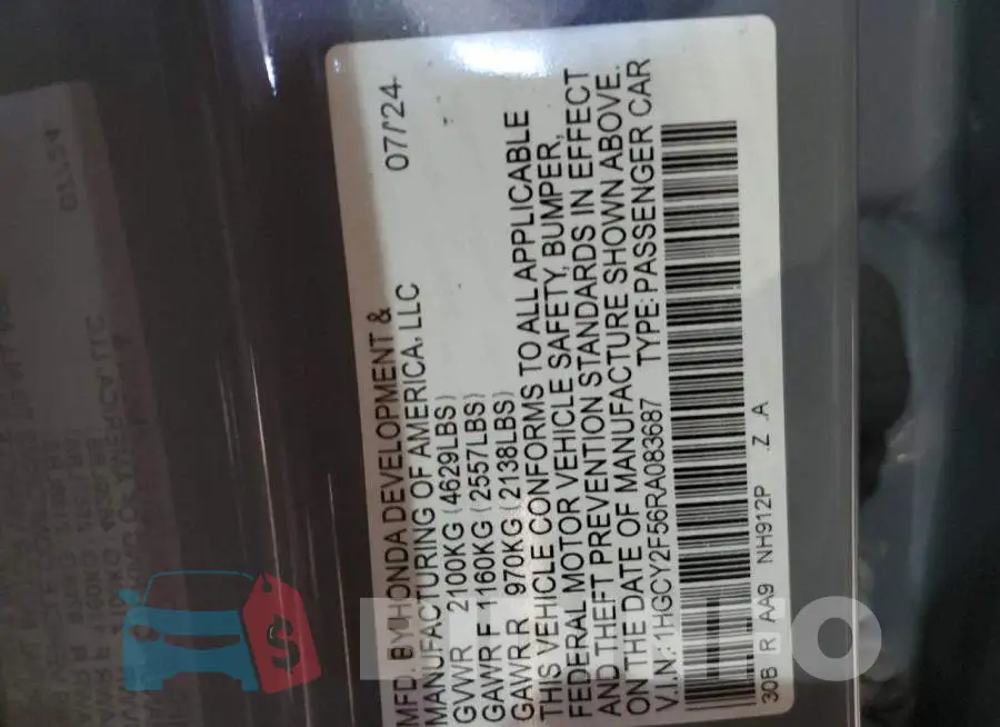 1HGCY2F56RA083687 Photo# 12