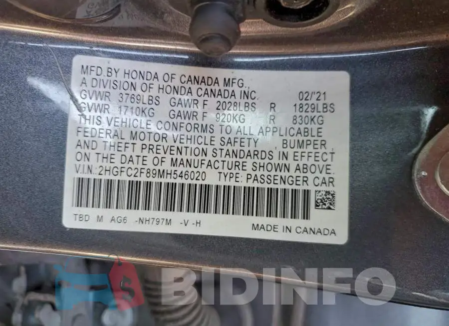 2HGFC2F89MH546020 Photo# 12