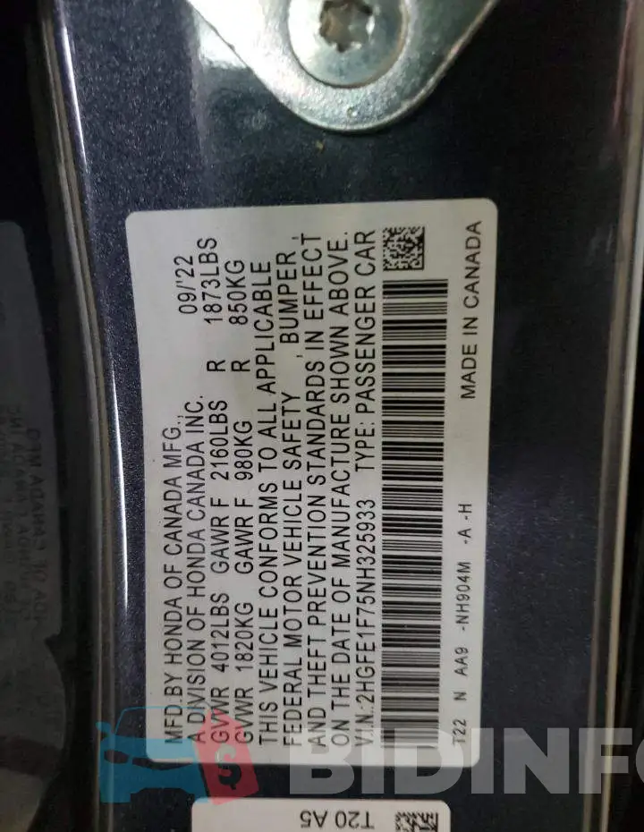 2HGFE1F75NH325933 Photo# 12