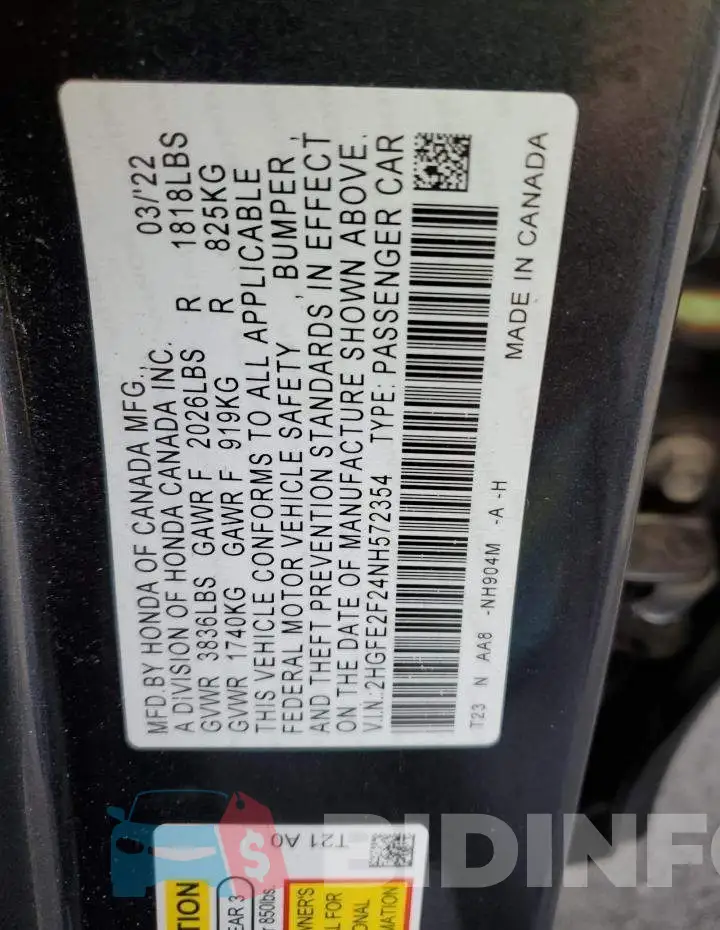 2HGFE2F24NH572354 Photo# 13