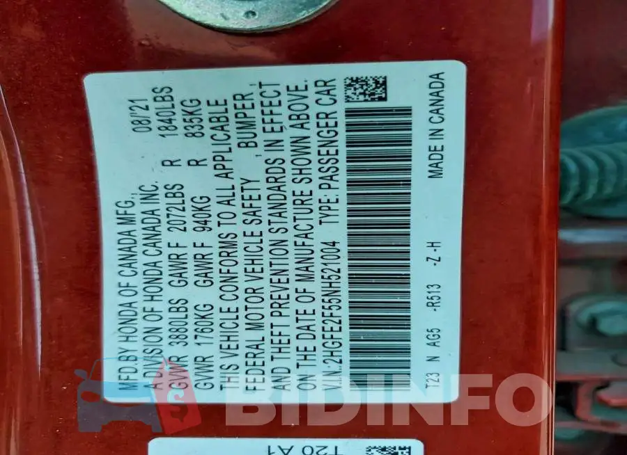 2HGFE2F55NH521004 Photo# 13