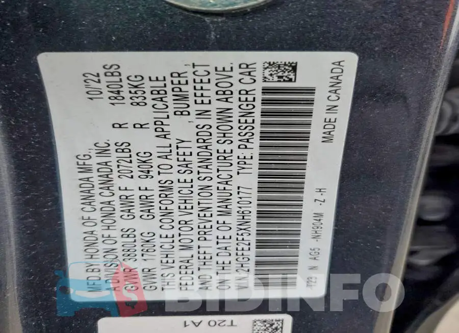2HGFE2F5XNH610177 Photo# 13