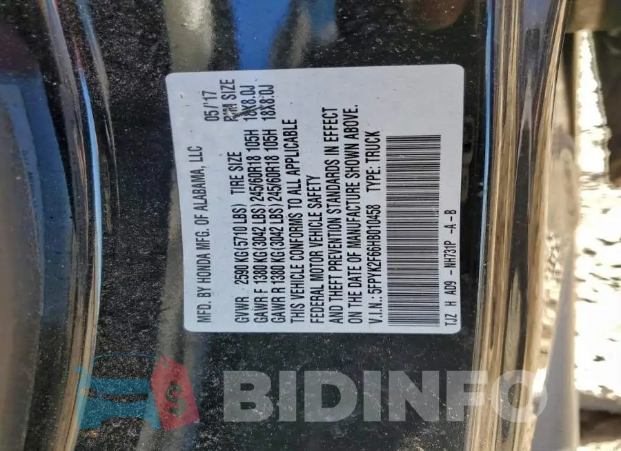 5FPYK2F66HB010458 Photo# 13