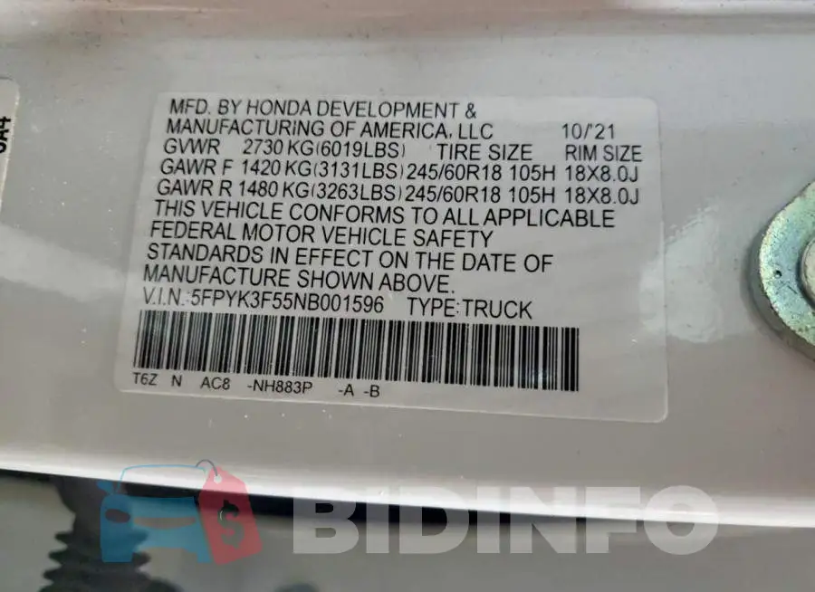 5FPYK3F55NB001596 Photo# 12