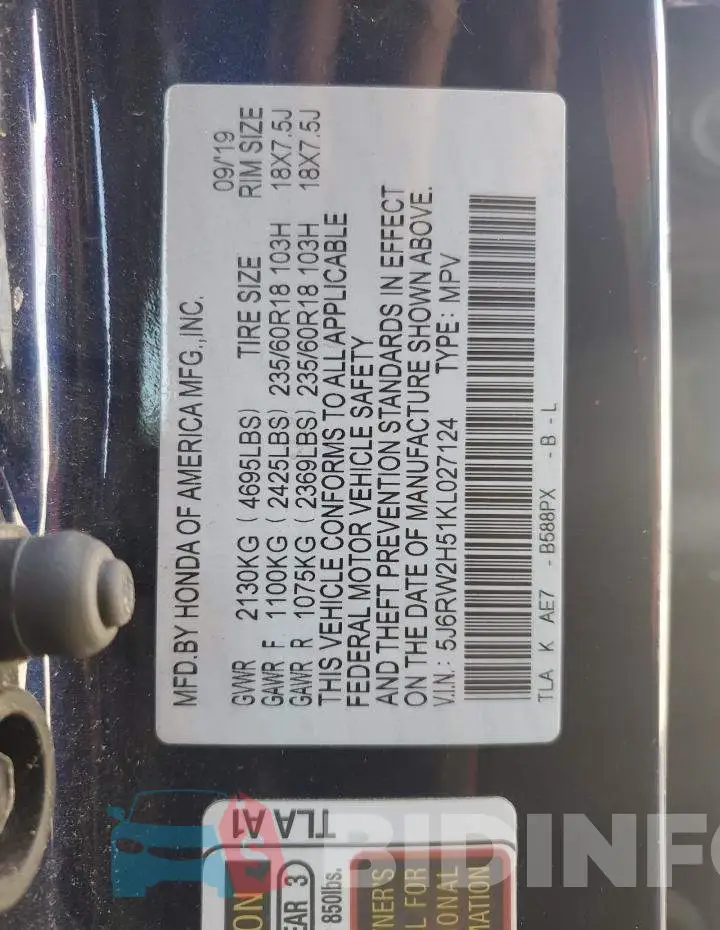 5J6RW2H51KL027124 Photo# 14
