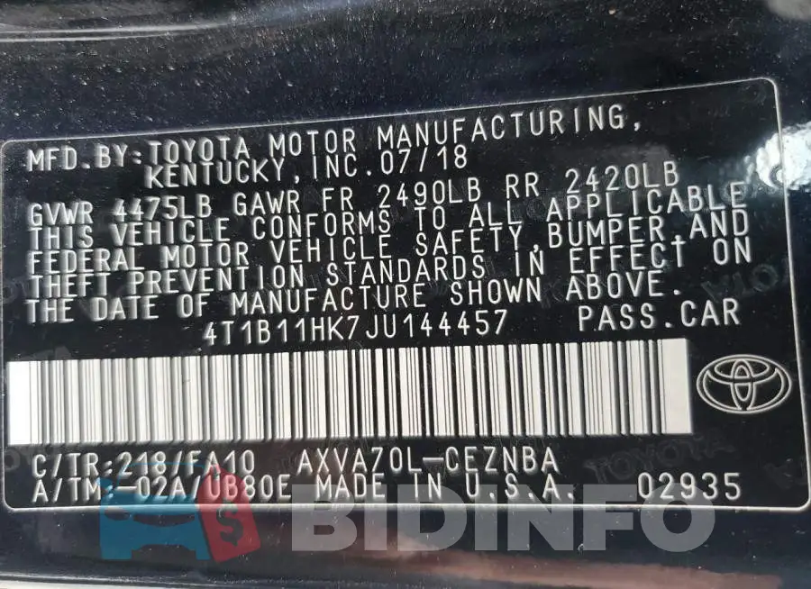 4T1B11HK7JU144457 Photo# 13