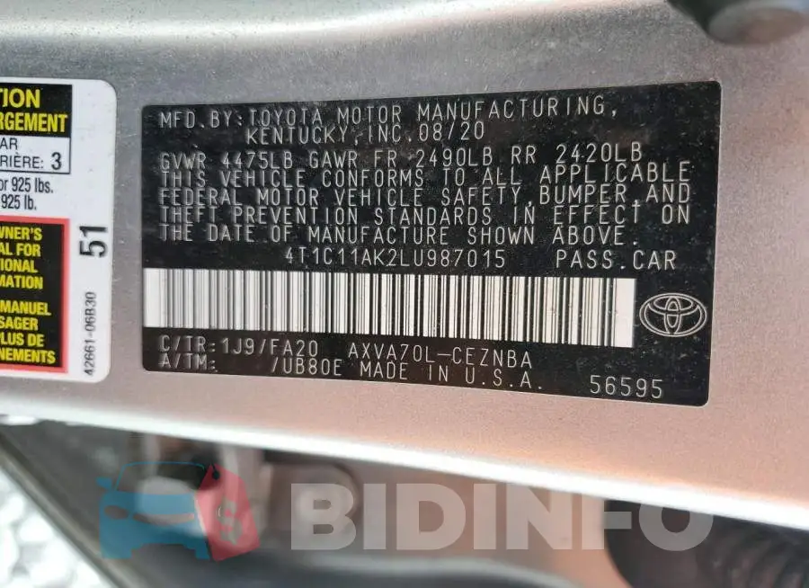 4T1C11AK2LU987015 Photo# 12