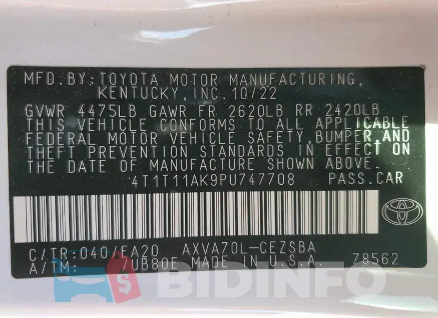 4T1T11AK9PU747708 Photo# 12