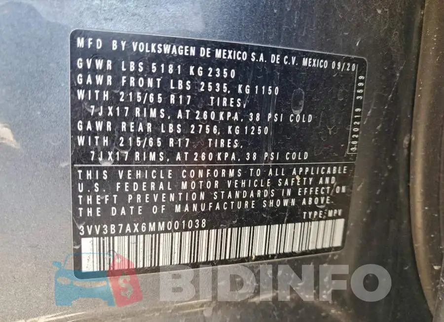 3VV3B7AX6MM001038 Photo# 13