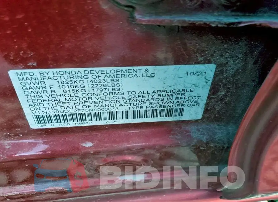 19UDE2F75NA000873 Photo# 12