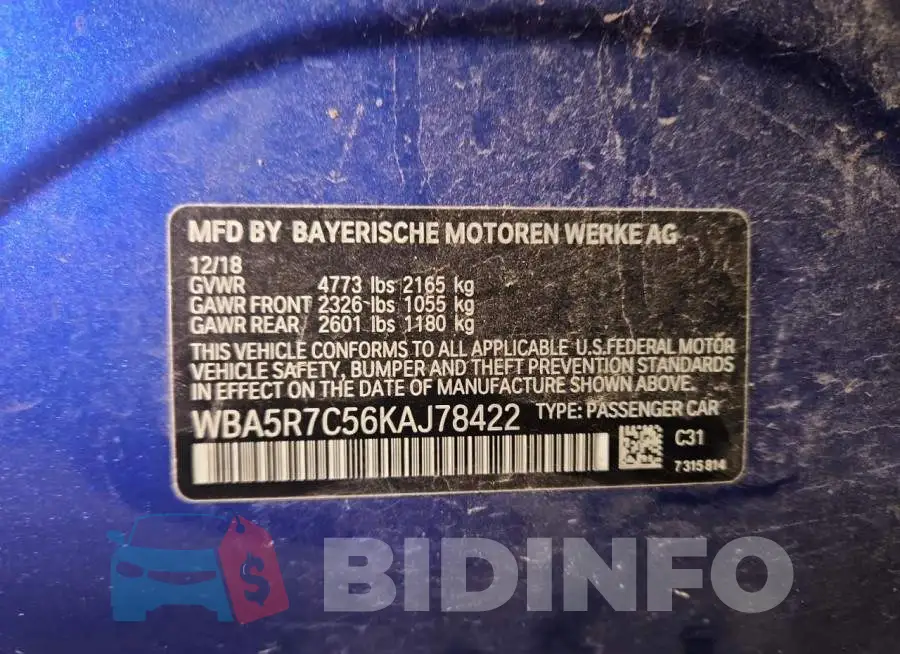 WBA5R7C56KAJ78422 Photo# 13