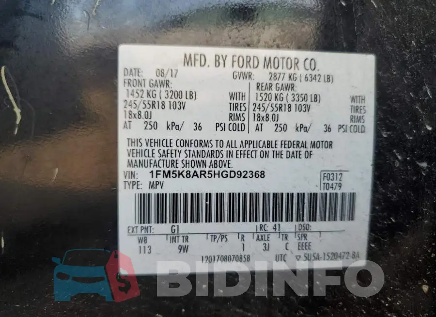 1FM5K8AR5HGD92368 Photo# 12
