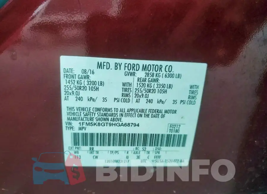 1FM5K8GT9HGA68794 Photo# 13