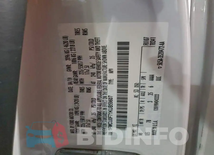 1FMCU0F71KUB59607 Photo# 13