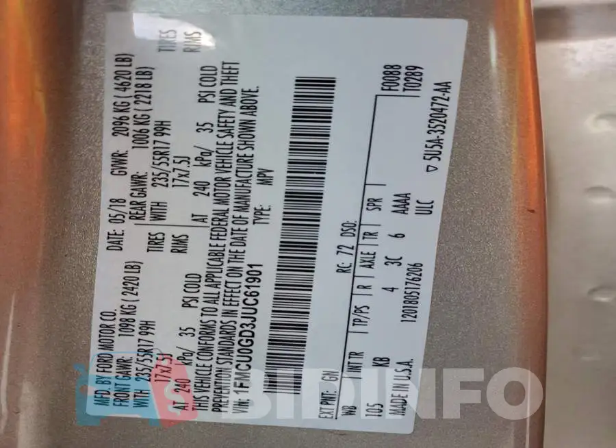 1FMCU0GD3JUC61901 Photo# 13