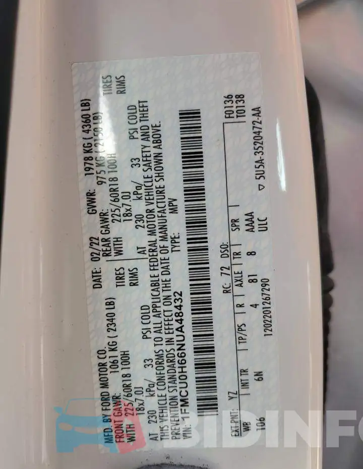 1FMCU0H66NUA48432 Photo# 12