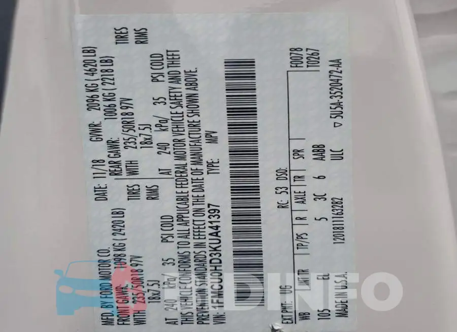 1FMCU0HD3KUA41397 Photo# 12