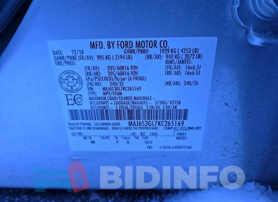 MAJ6S3GL7KC265169 Photo# 13