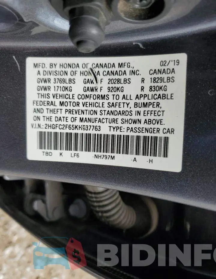 2HGFC2F65KH537763 Photo# 13