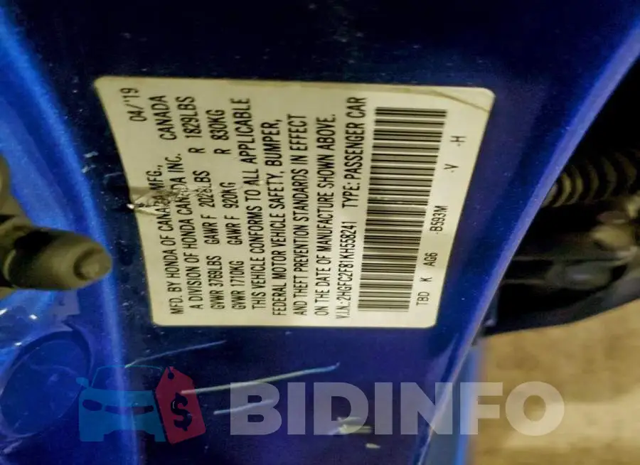 2HGFC2F81KH558241 Photo# 12