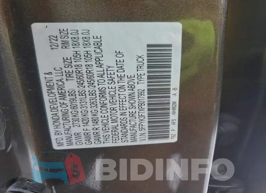 5FPYK3F7XPB017992 Photo# 12