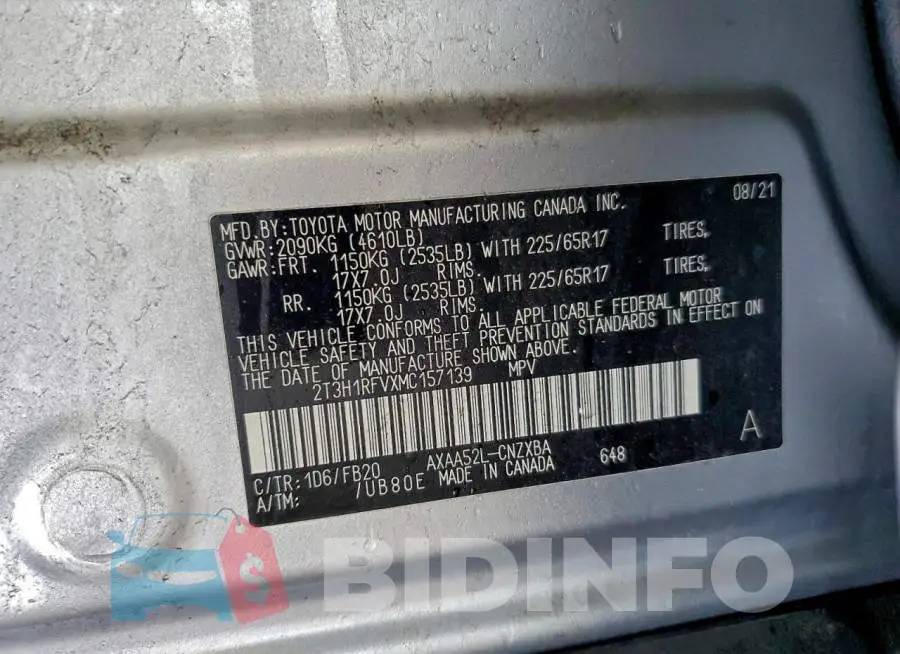 2T3H1RFVXMC157139 Photo# 13