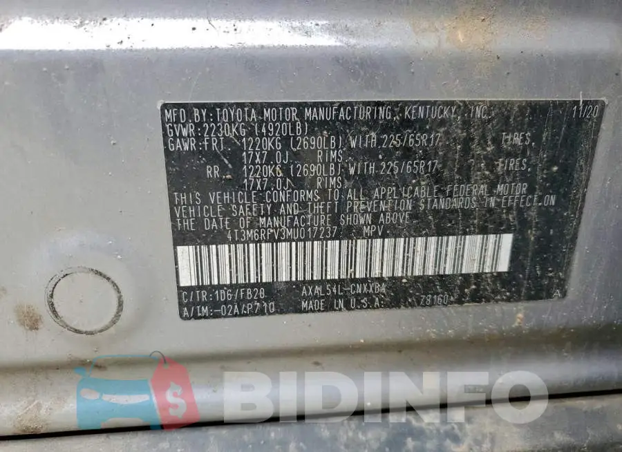 4T3M6RFV3MU017237 Photo# 13