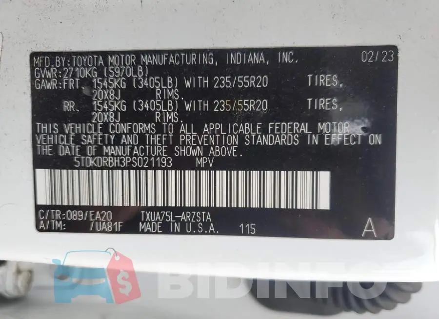 5TDKDRBH3PS021193 Photo# 13