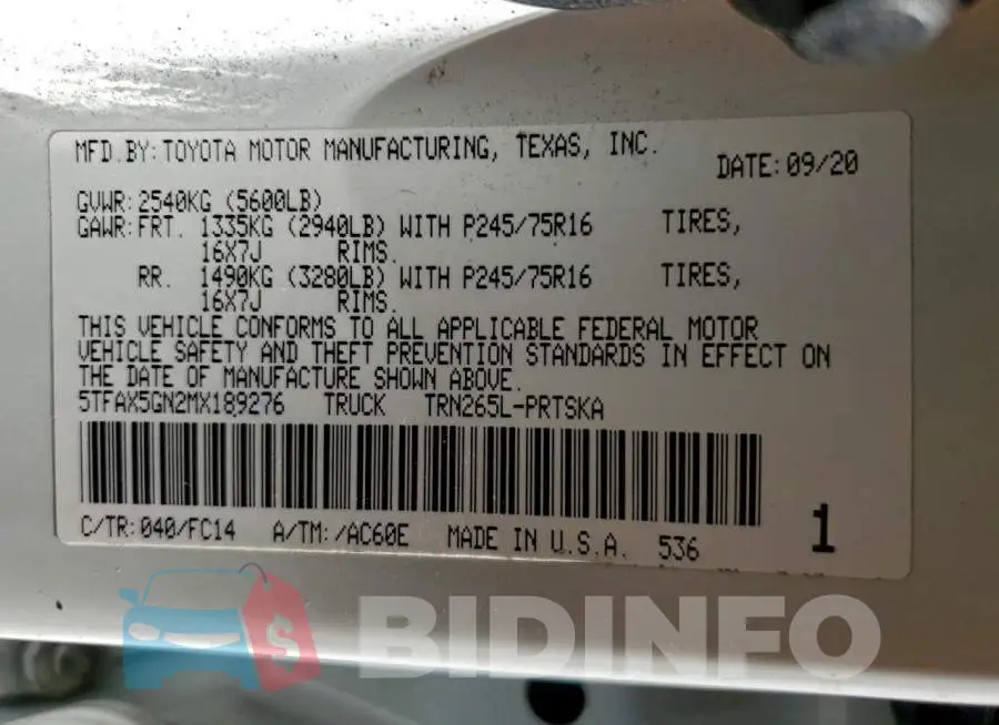 5TFAX5GN2MX189276 Photo# 12