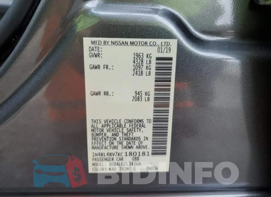 1N4BL4BV7KC180181 Photo# 12