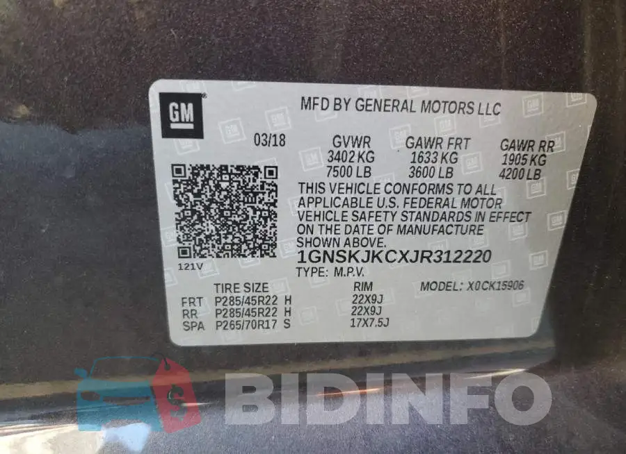 1GNSKJKCXJR312220 Photo# 13