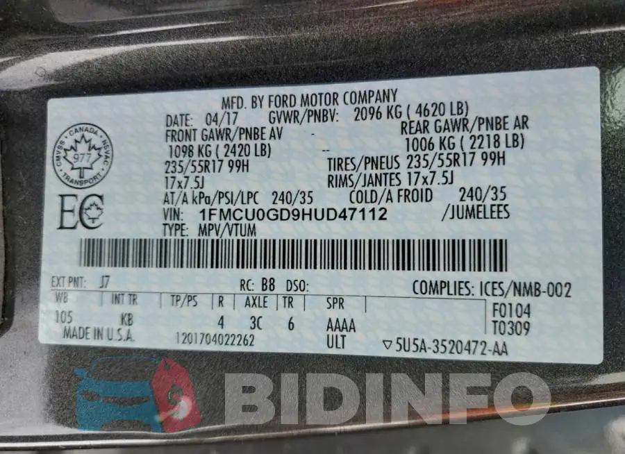1FMCU0GD9HUD47112 Photo# 14