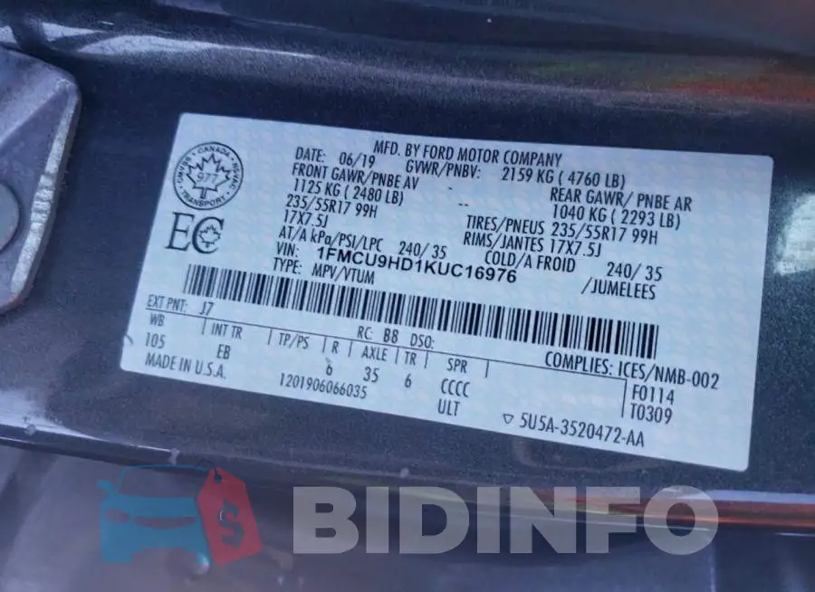 1FMCU9HD1KUC16976 Photo# 14