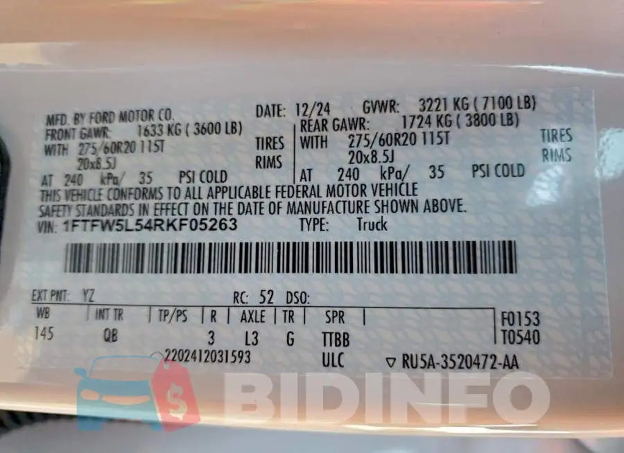 1FTFW5L54RKF05263 Photo# 13
