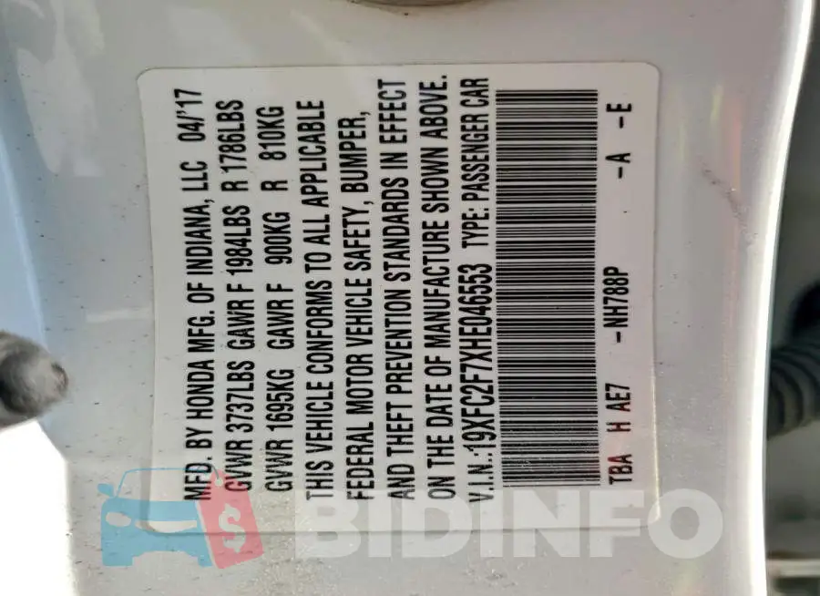 19XFC2F7XHE046553 Photo# 12