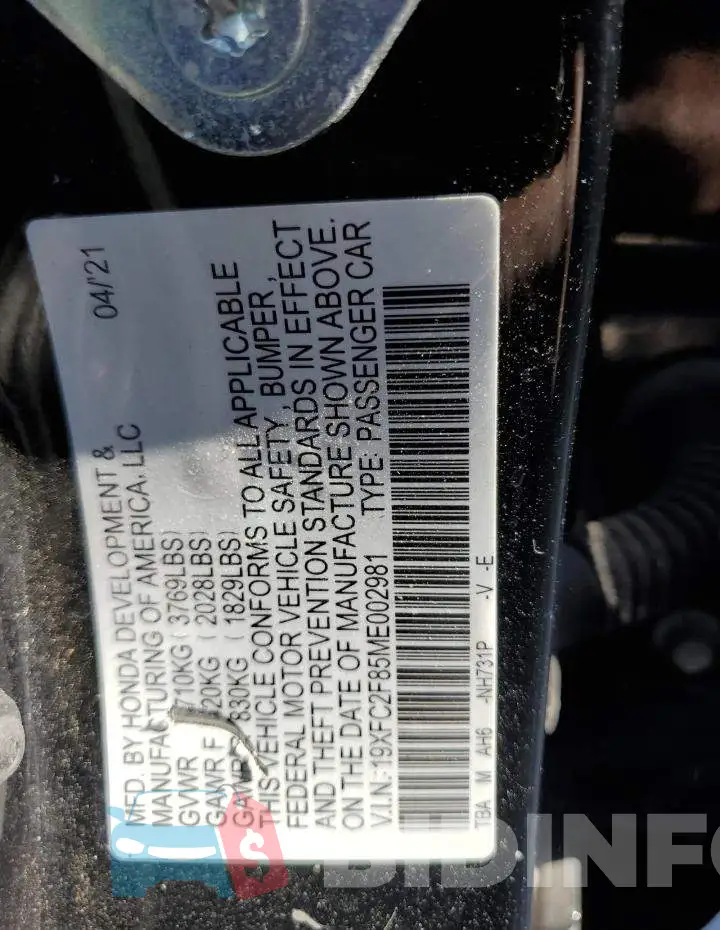 19XFC2F85ME002981 Photo# 12