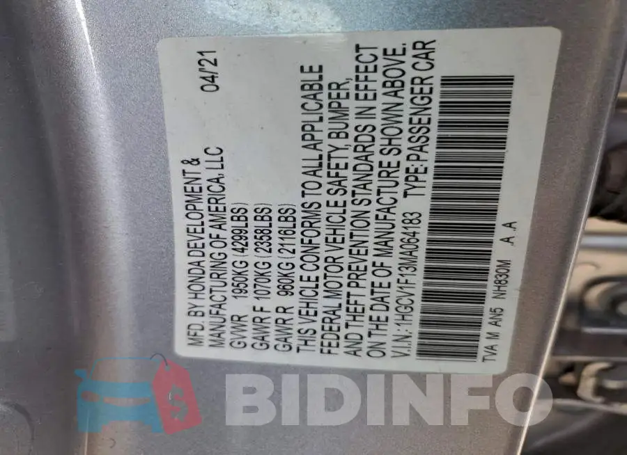 1HGCV1F13MA064183 Photo# 13