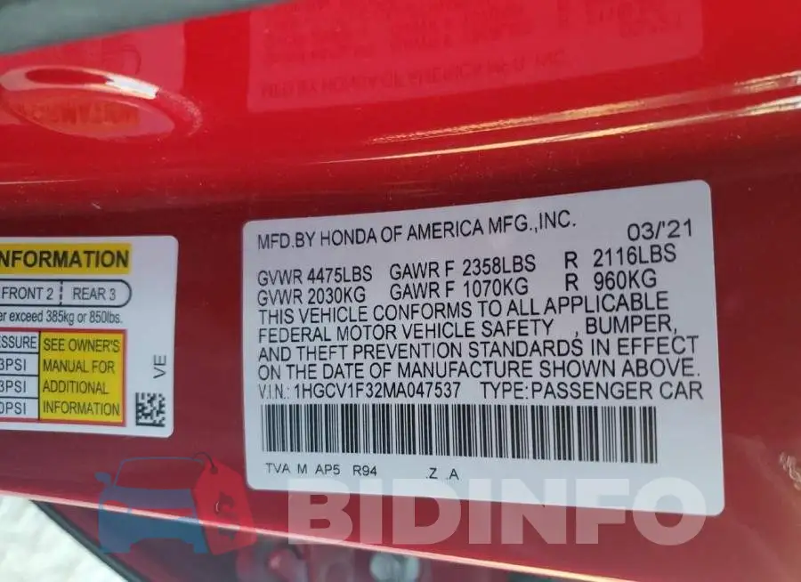1HGCV1F32MA047537 Photo# 12