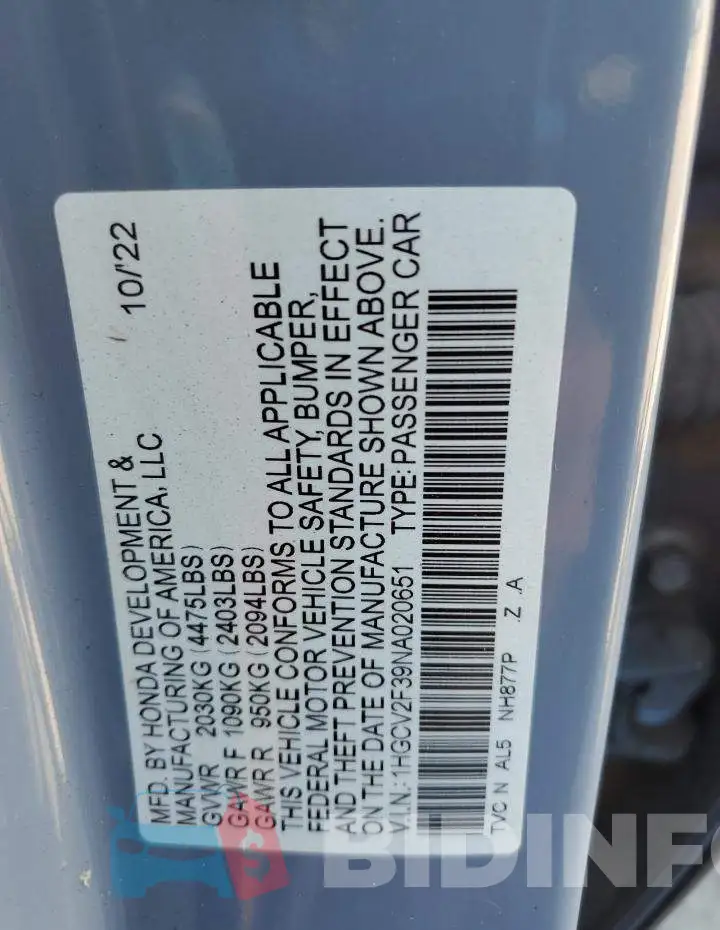 1HGCV2F39NA020651 Photo# 12