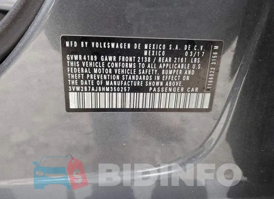 3VW2B7AJ8HM350257 Photo# 12