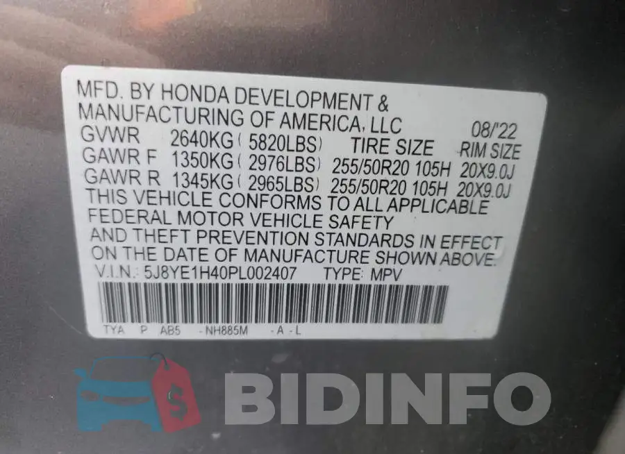 5J8YE1H40PL002407 Photo# 13