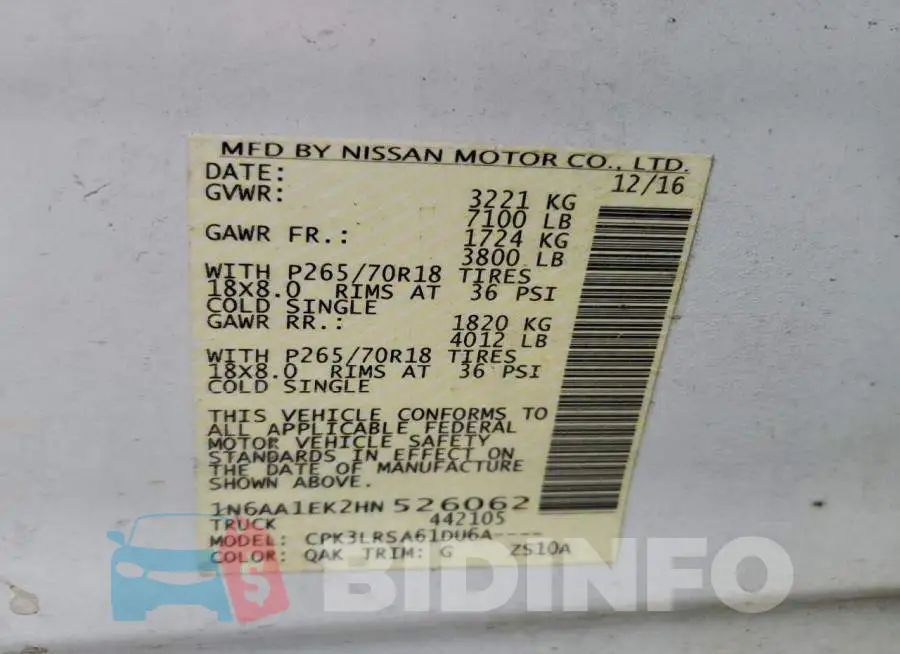 1N6AA1EK2HN526062 Photo# 12