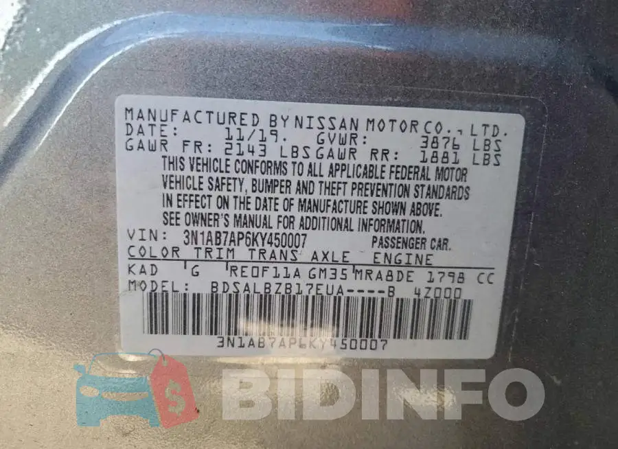 3N1AB7AP6KY450007 Photo# 12
