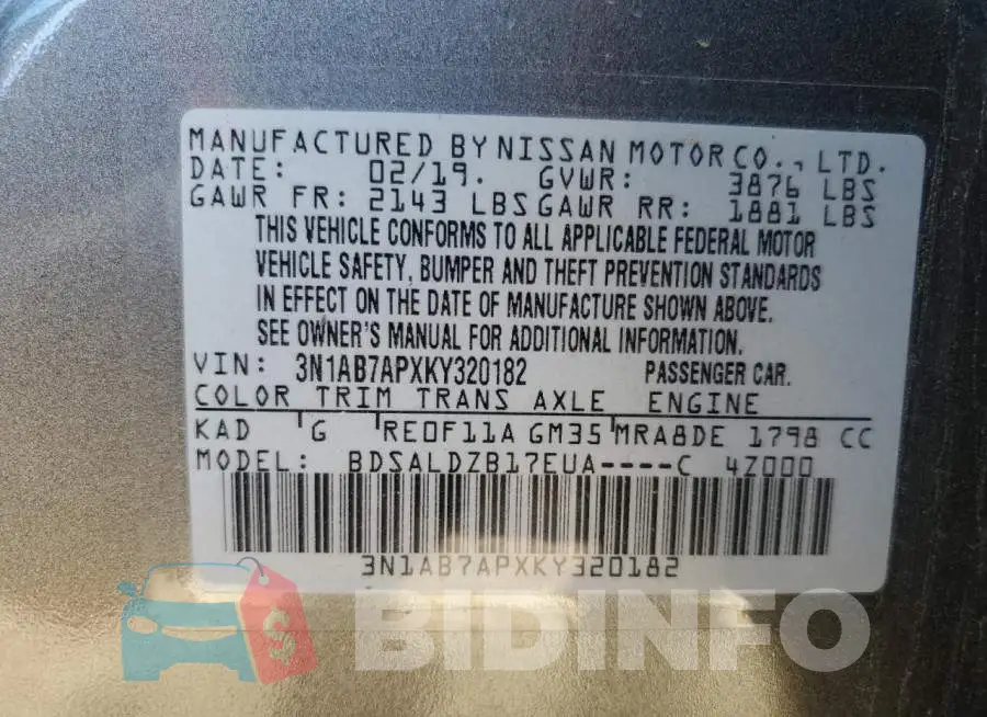 3N1AB7APXKY320182 Photo# 12