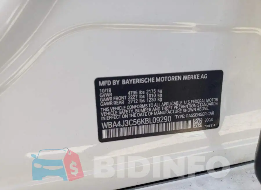 WBA4J3C56KBL09290 Photo# 12