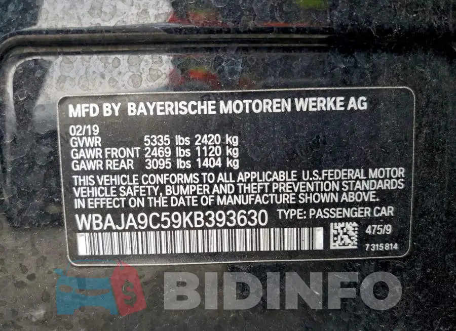 WBAJA9C59KB393630 Photo# 12