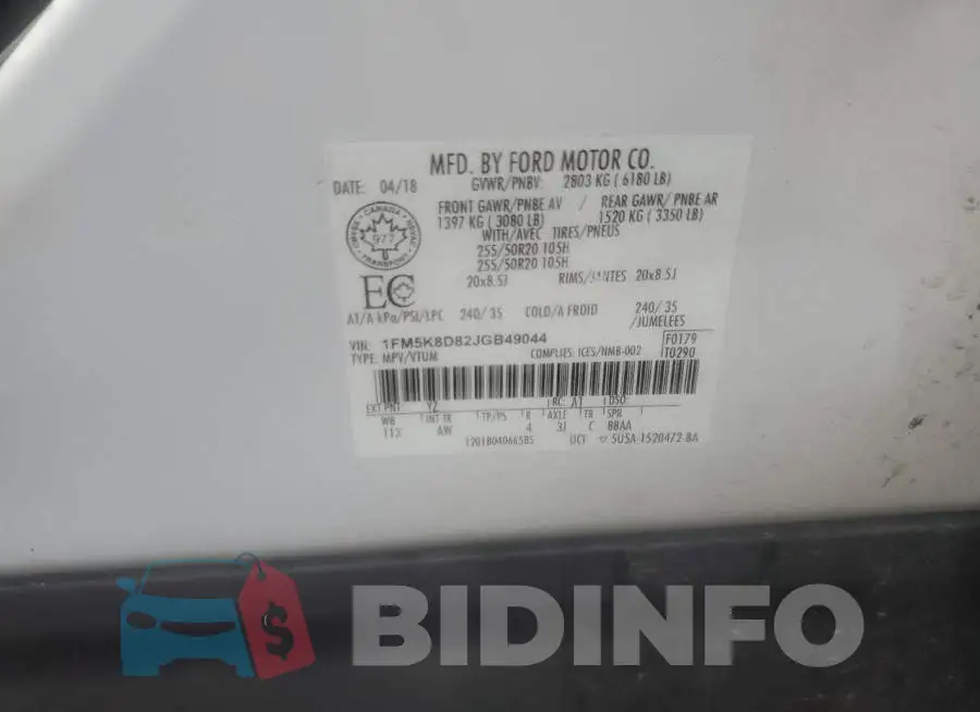 1FM5K8D82JGB49044 Photo# 13