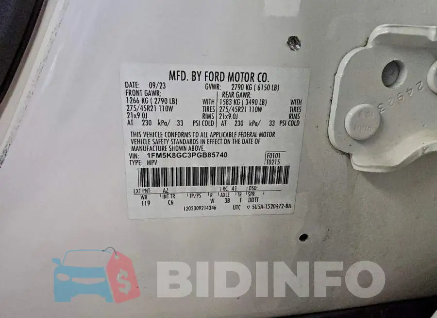 1FM5K8GC3PGB85740 Photo# 13