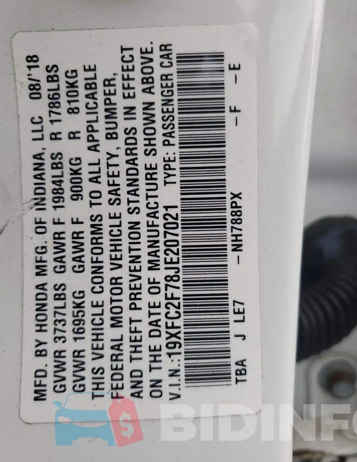 19XFC2F78JE207021 Photo# 12